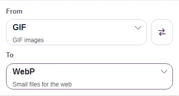 The FluffyBench converter with From set to GIF and To set to WebP.