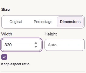 Size set to Dimensions with Width 320 and Keep aspect ratio on.