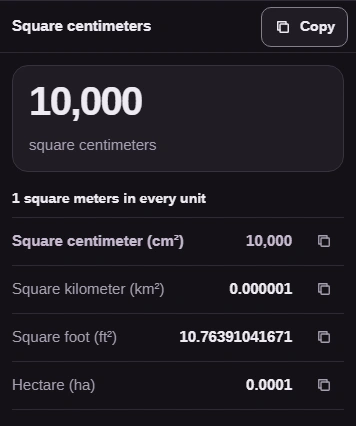 The result is 10,000 square centimeters, with Copy and values in every other area unit.