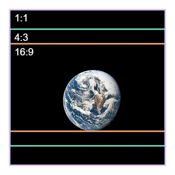 Centered outlines on one 4,095 px square Apollo 10 photograph: 16:9 is 4,095 px × 2,303 px, 4:3 is 4,095 px × 3,071 px, and 1:1 keeps the full 4,095 px × 4,095 px canvas. The 16:9 height is rounded from 2,303.4375 pixels.