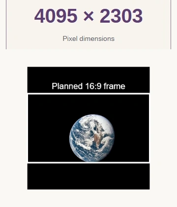 FluffyBench's real Pixel dimensions readout above the full Apollo photo with a 16:9 target frame drawn on it.