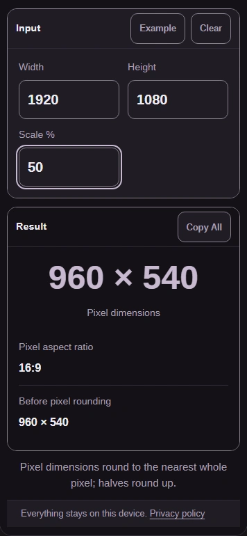 A usable input returns a result: 1920 by 1080 at 50% gives 960 by 540.