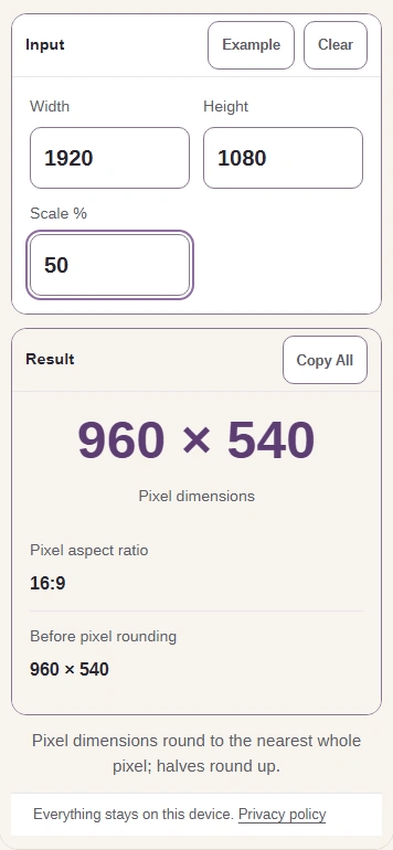 A usable input returns a result: 1920 by 1080 at 50% gives 960 by 540.