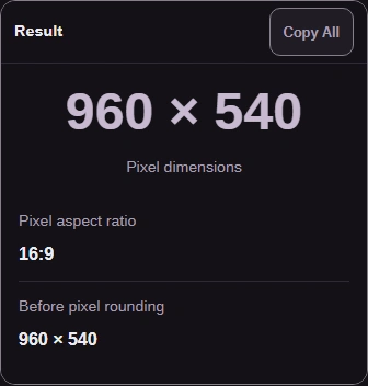 At 50%, both sides halve: 960 ? 540. Copy All copies the labeled result rows.