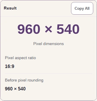 At 50%, both sides halve: 960 ? 540. Copy All copies the labeled result rows.
