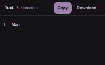 FluffyBench result Man, Text label, character count, Copy and Download.
