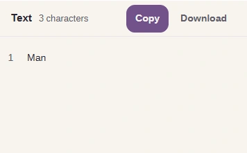 FluffyBench result Man, Text label, character count, Copy and Download.