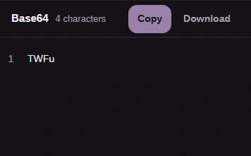 FluffyBench result TWFu, Base64 label, character count, Copy and Download.