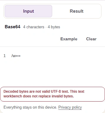 Base64 /w== rejected as invalid UTF-8 with the actual status message.