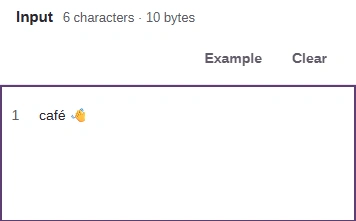FluffyBench Input showing café 👋, with different character and byte counts.