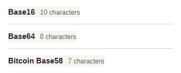 Three FluffyBench Result headers for hello: Base16 has 10 characters, Base64 has 8, and Bitcoin Base58 has 7.