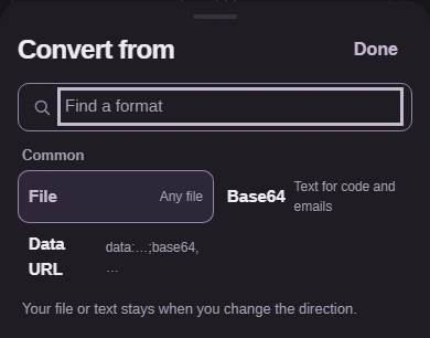 The From list open, with Base64 among the choices.