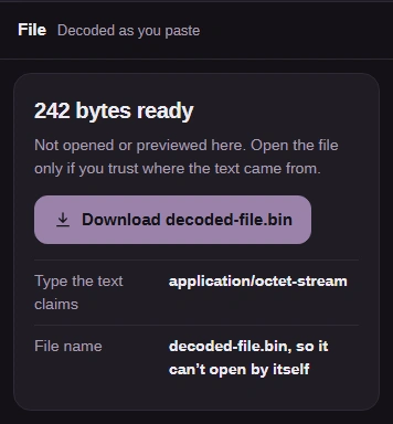 The recovered file card with its byte count and the Download decoded-file.bin button.