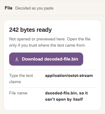 The recovered file card with its byte count and the Download decoded-file.bin button.