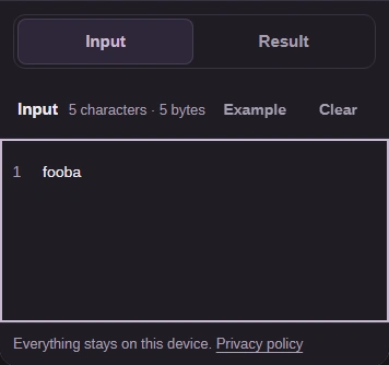 The Input box holding the word fooba, with Input and Result tabs above it.