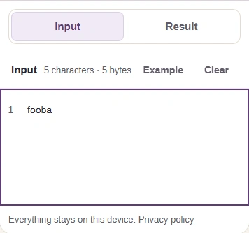 The Input box holding the word fooba, with Input and Result tabs above it.