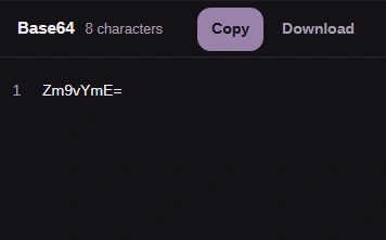 The Result box showing Zm9vYmE= with its Copy and Download buttons.