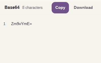 The Result box showing Zm9vYmE= with its Copy and Download buttons.