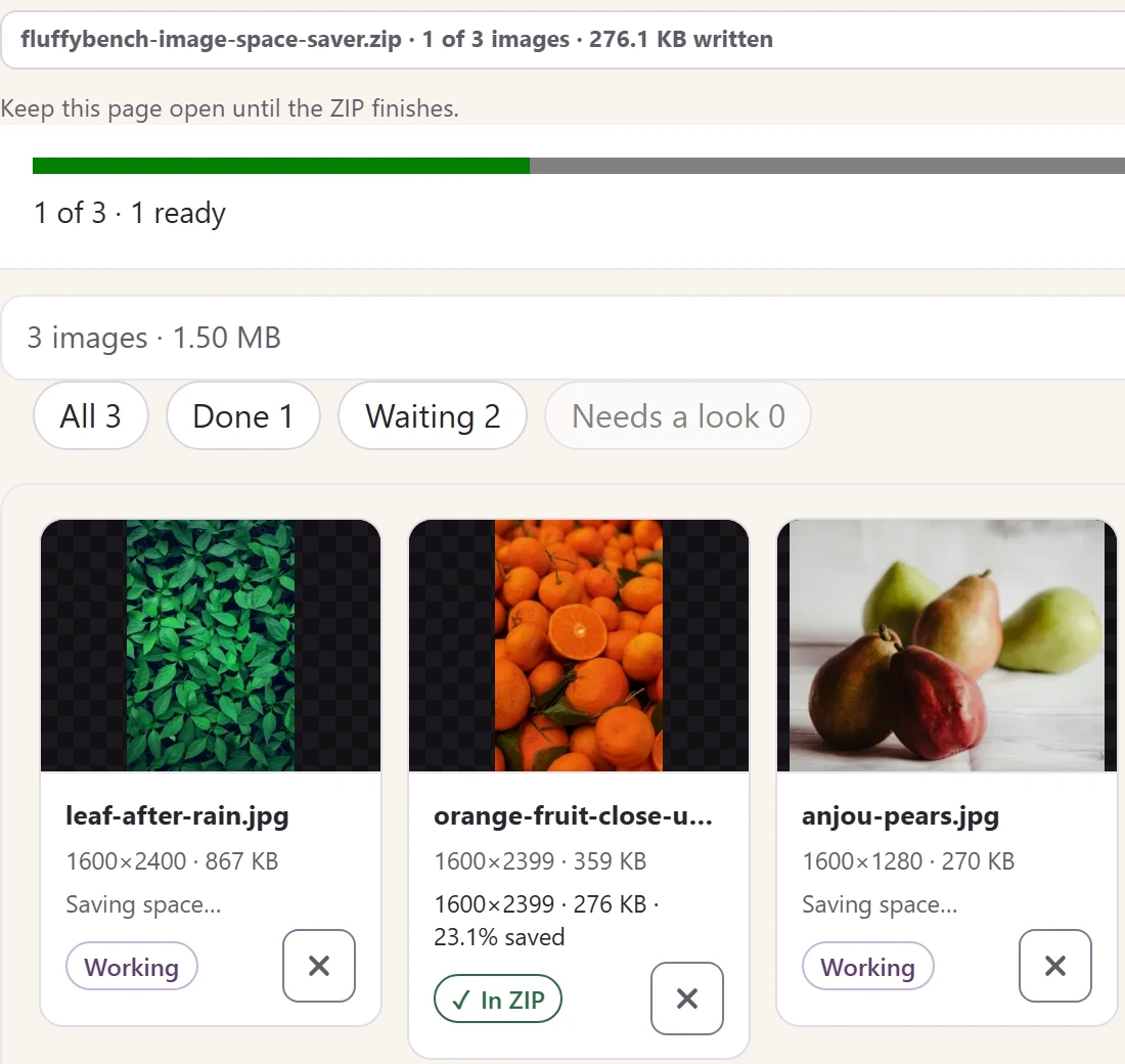 FluffyBench Image Space Saver writing a live ZIP. Progress reads 1 of 3 · 1 ready; the orange-fruit photo is marked In ZIP while the leaf and pear photos are still working.