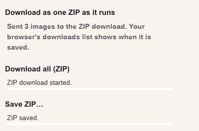 Three FluffyBench status lines. Download as one ZIP as it runs: Sent 3 images to the ZIP download. Your browser's downloads list shows when it is saved. Download all (ZIP): ZIP download started. Save ZIP…: ZIP saved.