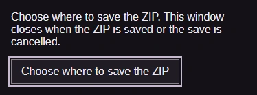The FluffyBench save window with its Choose where to save the ZIP button.