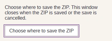 The FluffyBench save window with its Choose where to save the ZIP button.