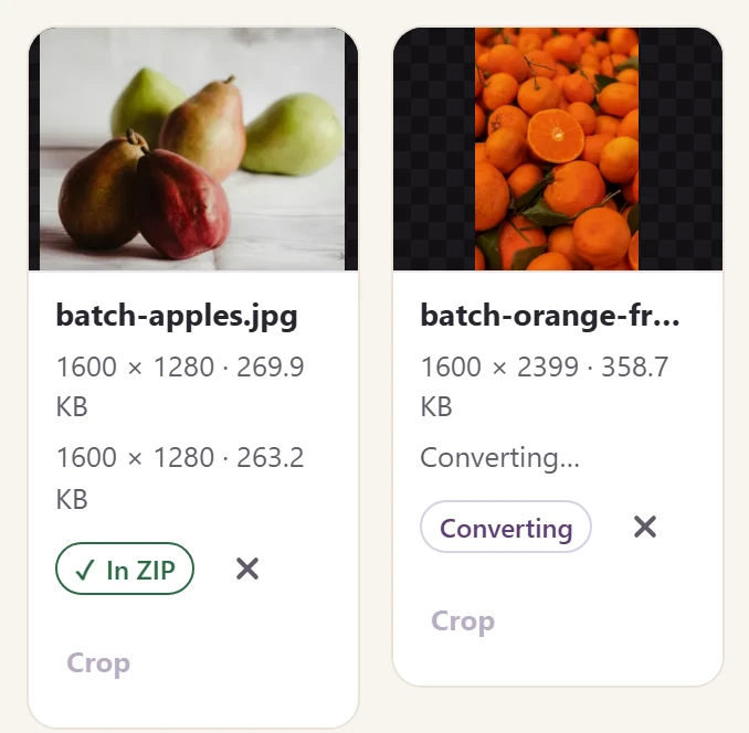 Two photo cards in FluffyBench's converter: a pear photo marked In ZIP beside an orange photo still marked Converting.