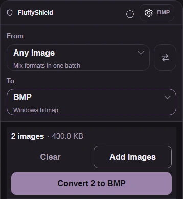 The BMP gear button with Settings closed and Convert ready below.