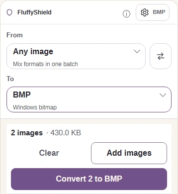 The BMP gear button with Settings closed and Convert ready below.