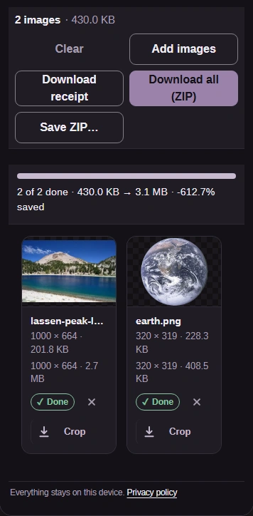 Two completed BMP files with sizes, individual downloads, and Download all ZIP.