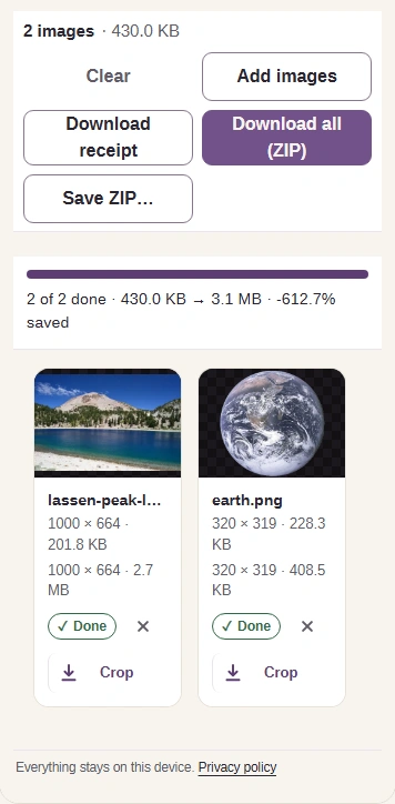 Two completed BMP files with sizes, individual downloads, and Download all ZIP.