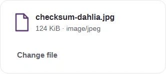 The selected checksum-dahlia.jpg photo and Change file button.