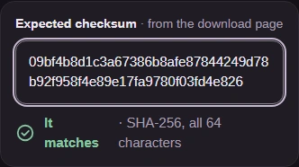 The dahlia photo's recorded SHA-256 reference in Expected checksum, with It matches below it.