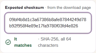 The dahlia photo's recorded SHA-256 reference in Expected checksum, with It matches below it.