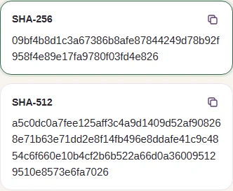 The matching SHA-256 row highlighted beside the separate SHA-512 result and their Copy buttons.