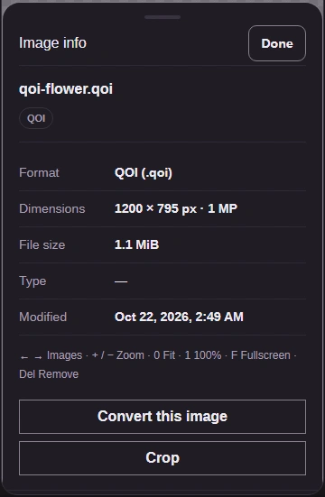 The Image info sheet lists the file's format as QOI and its dimensions, with a Done button.