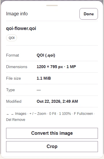 The Image info sheet lists the file's format as QOI and its dimensions, with a Done button.