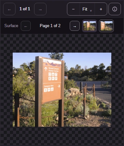 A two-page TIFF open in the Image Viewer on a phone at Page 1 of 2, with two page thumbnails above the sign photo.