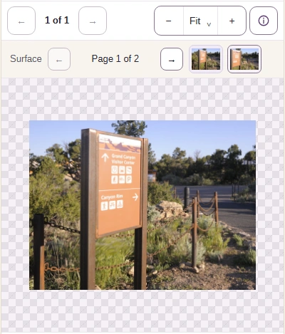 A two-page TIFF open in the Image Viewer on a phone at Page 1 of 2, with two page thumbnails above the sign photo.
