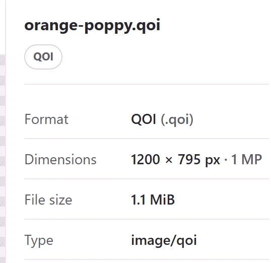 The Image Viewer's details panel: orange-poppy.qoi, Format QOI (.qoi), Dimensions 1200 × 795 px.
