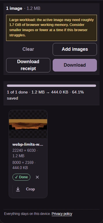 A finished result: the original panorama at 22,240 × 6,030 and 1.2 MB, the new WebP at 8,000 × 2,169 and 444 KB, and the Download button.
