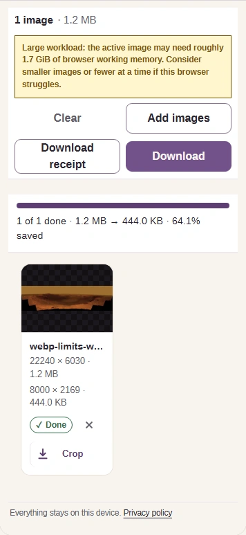 A finished result: the original panorama at 22,240 × 6,030 and 1.2 MB, the new WebP at 8,000 × 2,169 and 444 KB, and the Download button.