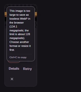 A failed result for the 22,240 × 6,030 panorama with Lossless chosen: the message says it is too large to save as lossless WebP, gives its size in megapixels and the limit, and suggests another format or resizing first.