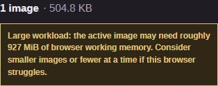 FluffyBench's JPG converter with one WebP added: the summary reads 1 image, 504.8 KB, and a warning below says the active image may need roughly 927 MiB of browser working memory.