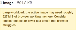 FluffyBench's JPG converter with one WebP added: the summary reads 1 image, 504.8 KB, and a warning below says the active image may need roughly 927 MiB of browser working memory.