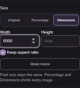 Size set to Dimensions, Width 8000, Height on Auto, Keep aspect ratio checked.