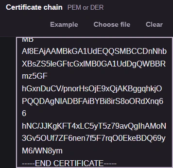 Certificate chain input with Choose file and a place to paste public PEM blocks.