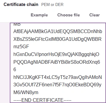 Certificate chain input with Choose file and a place to paste public PEM blocks.