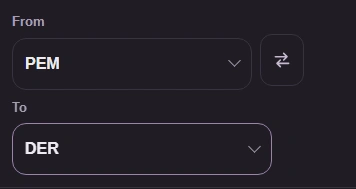 For PEM text to binary DER, choose From PEM and To DER.