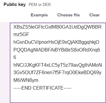 Paste one PEM object, choose a local file, or try Example.